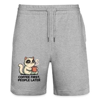 Coffee Cat : Coffee First - Short de jogging bio TRAINER Stanley/Stella unisexe - gris chiné - Devant - Nik (191cm) & Marisol (170cm)
