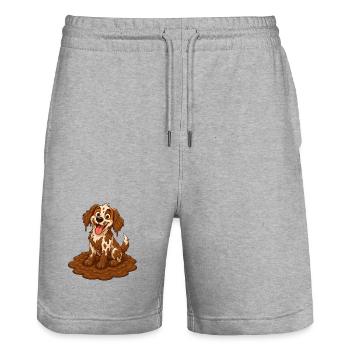 Joyeux Champion des Flaques de Chien Boueux - Short de jogging bio TRAINER Stanley/Stella unisexe - gris chiné - Devant - Nik (191cm) & Marisol (170cm)