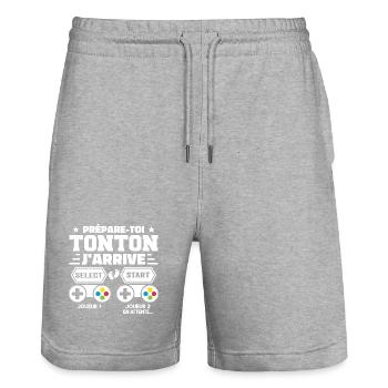 Prépare-toi Tonton J'arrive - Annonce Grossesse - Short de jogging bio TRAINER Stanley/Stella unisexe - gris chiné - Devant - Nik (191cm) & Marisol (170cm)