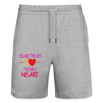 Liebe Freunde Familie Partner Glück Leben Spaß - Stanley/Stella Unisex Bio Joggingshorts Trainer  - Grau meliert - Vorne - Nik (191cm) & Marisol (170cm)