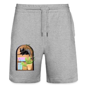 Cat on a dome shaped Bookshelf with plants - Stanley/Stella Trainer Unisex Organic Jogging Shorts - heather grey - Front - Nik (191cm) & Marisol (170cm)