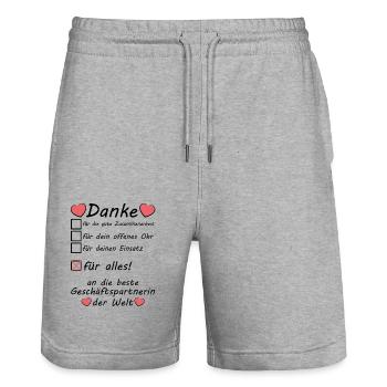 Danke Dankeschön sagen an Geschäftspartnerin - Stanley/Stella Unisex Bio Joggingshorts Trainer  - Grau meliert - Vorne - Nik (191cm) & Marisol (170cm)