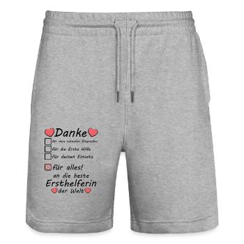 Beste Ersthelferin Danke Dankeschön sagen - Stanley/Stella Unisex Bio Joggingshorts Trainer  - Grau meliert - Vorne - Nik (191cm) & Marisol (170cm)