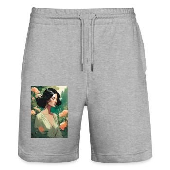 Belle femme aux cheveux noirs dans le champ de fleurs cadeau - Short de jogging bio TRAINER Stanley/Stella unisexe - gris chiné - Devant - Nik (191cm) & Marisol (170cm)