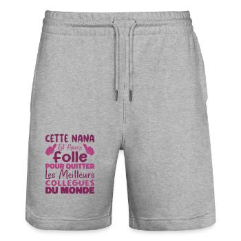 Collègue Nana, humour meilleurs collègues du monde - Short de jogging bio TRAINER Stanley/Stella unisexe - gris chiné - Devant - Nik (191cm) & Marisol (170cm)