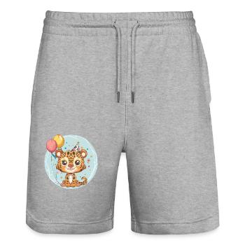 Bébé d’anniversaire léopard - Short de jogging bio TRAINER Stanley/Stella unisexe - gris chiné - Devant - Nik (191cm) & Marisol (170cm)