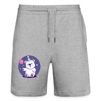 Ours polaire anniversaire bébé - Short de jogging bio TRAINER Stanley/Stella unisexe - gris chiné - Devant - Nik (191cm) & Marisol (170cm)