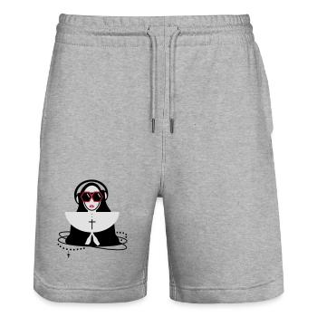La religieuse avec des lunettes et un casque - Short de jogging bio TRAINER Stanley/Stella unisexe - gris chiné - Devant - Nik (191cm) & Marisol (170cm)