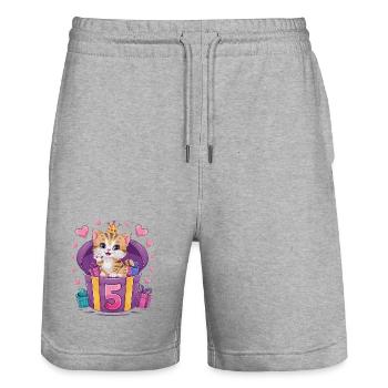 Chat mignon - 5e anniversaire - 5 ans - Short de jogging bio TRAINER Stanley/Stella unisexe - gris chiné - Devant - Nik (191cm) & Marisol (170cm)
