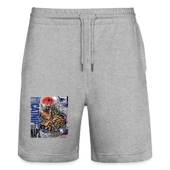 Powered by Catnip and Naps – Gemütliche Bengal Kat - Stanley/Stella Unisex Bio Joggingshorts Trainer  - Grau meliert - Vorne - Nik (191cm) & Marisol (170cm)