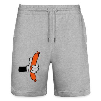 Comic Hand Holds Saucisse - Short de jogging bio TRAINER Stanley/Stella unisexe - gris chiné - Devant - Nik (191cm) & Marisol (170cm)