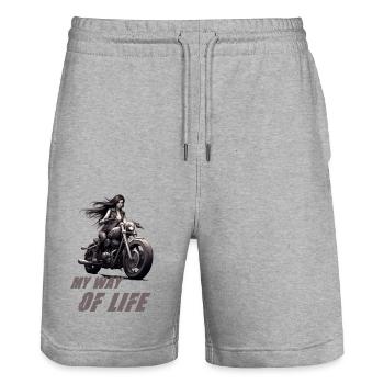 Motorradfahrerin My Way Of Life - Stanley/Stella Unisex Bio Joggingshorts Trainer  - Grau meliert - Vorne - Nik (191cm) & Marisol (170cm)