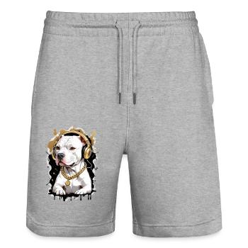 Chien bouledogue avec écouteurs - Short de jogging bio TRAINER Stanley/Stella unisexe - gris chiné - Devant - Nik (191cm) & Marisol (170cm)