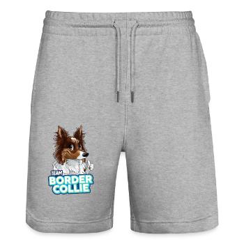 TEAM Border Collie Langhaar - Rot Tricolor - Stanley/Stella Unisex Bio Joggingshorts Trainer  - Grau meliert - Vorne - Nik (191cm) & Marisol (170cm)