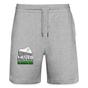 NEVER SURRENDER (Grün) + Controller - Gaming - Stanley/Stella Unisex Bio Joggingshorts Trainer  - Grau meliert - Vorne - Nik (191cm) & Marisol (170cm)