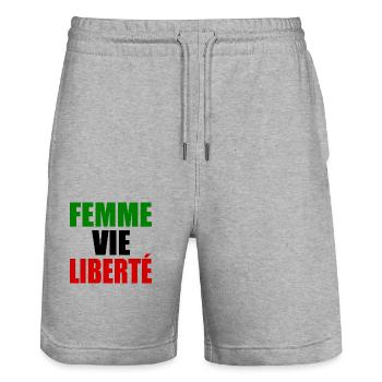 Femme vie liberté iran - Short de jogging bio TRAINER Stanley/Stella unisexe - gris chiné - Devant - Nik (191cm) & Marisol (170cm)