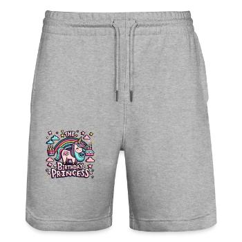 La princesse d’anniversaire : Licorne avec lettrage - Short de jogging bio TRAINER Stanley/Stella unisexe - gris chiné - Devant - Nik (191cm) & Marisol (170cm)