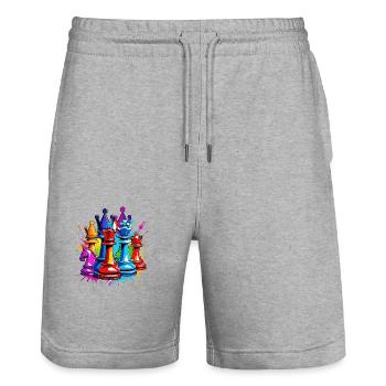 Échecs / Pièces / Stratégie / Casse-tête / Nerd - Short de jogging bio TRAINER Stanley/Stella unisexe - gris chiné - Devant - Nik (191cm) & Marisol (170cm)