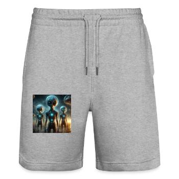 Astrophysics Spirituality - Stanley/Stella Trainer Unisex Organic Jogging Shorts - heather grey - Front - Nik (191cm) & Marisol (170cm)