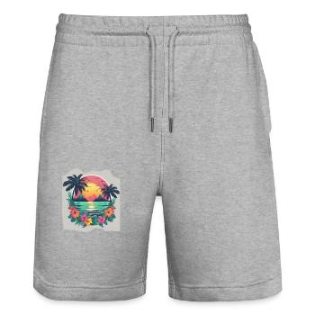 Tropical Paradise Escape Palm Trees Sunset Sunrise - Stanley/Stella Trainer Unisex Organic Jogging Shorts - heather grey - Front - Nik (191cm) & Marisol (170cm)