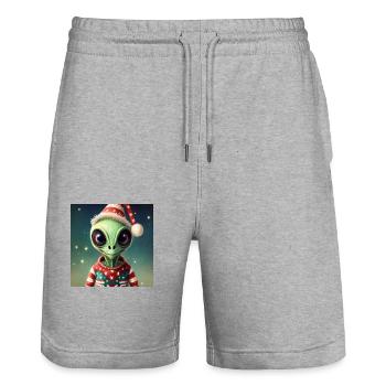 extraterrestre portant un pull de Noël moche - Short de jogging bio TRAINER Stanley/Stella unisexe - gris chiné - Devant - Nik (191cm) & Marisol (170cm)