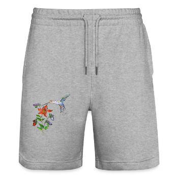 Oiseau coloré - Short de jogging bio TRAINER Stanley/Stella unisexe - gris chiné - Devant - Nik (191cm) & Marisol (170cm)