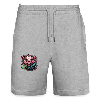 Glücksschweinchen Schwein - Stanley/Stella Unisex Bio Joggingshorts Trainer  - Grau meliert - Vorne - Nik (191cm) & Marisol (170cm)