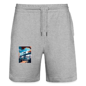 Brooklyn New York Vintage Travel Poster Souvenir - Stanley/Stella Trainer Unisex Organic Jogging Shorts - heather grey - Front - Nik (191cm) & Marisol (170cm)