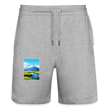 Mont Taranaki Nouvelle-Zélande Vintage Travel Poster - Short de jogging bio TRAINER Stanley/Stella unisexe - gris chiné - Devant - Nik (191cm) & Marisol (170cm)
