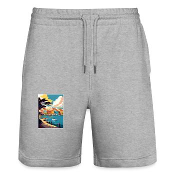 Curaçao Caribbean Vintage Travel Poster Souvenir - Stanley/Stella Trainer Unisex Organic Jogging Shorts - heather grey - Front - Nik (191cm) & Marisol (170cm)