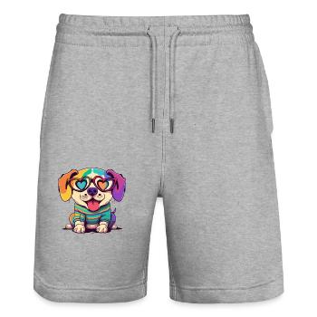 Arc-en-ciel Chien mignon portant des lunettes Coeur chiot Lov - Short de jogging bio TRAINER Stanley/Stella unisexe - gris chiné - Devant - Nik (191cm) & Marisol (170cm)