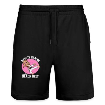 Beauté, cerveau et un dessin animé ceinture noire - Short de jogging bio TRAINER Stanley/Stella unisexe - noir - Devant - Nik (191cm) & Marisol (170cm)