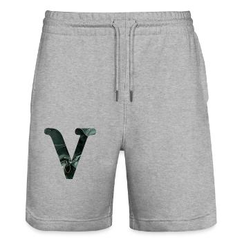 Lettre v marbré vert - Short de jogging bio TRAINER Stanley/Stella unisexe - gris chiné - Devant - Nik (191cm) & Marisol (170cm)