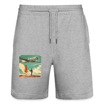 Publicité vintage d’une compagnie aérienne (fictive) - Short de jogging bio TRAINER Stanley/Stella unisexe - gris chiné - Devant - Nik (191cm) & Marisol (170cm)