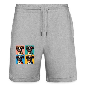 Pop Boxer chien Portrait - Portrait d’animal de compagnie - Short de jogging bio TRAINER Stanley/Stella unisexe - gris chiné - Devant - Nik (191cm) & Marisol (170cm)