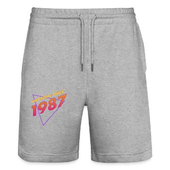 Retro Awesome: Born in '87 - Stanley/Stella Trainer Unisex Organic Jogging Shorts - heather grey - Front - Nik (191cm) & Marisol (170cm)