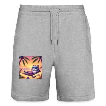 Gato Loco Katze Chilling Cat Urlaub Relax Palme - Stanley/Stella Unisex Bio Joggingshorts Trainer  - Grau meliert - Vorne - Nik (191cm) & Marisol (170cm)