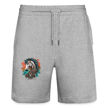 Tatouage / Animal / Art / Cool / Bande dessinée / Cheval - Short de jogging bio TRAINER Stanley/Stella unisexe - gris chiné - Devant - Nik (191cm) & Marisol (170cm)