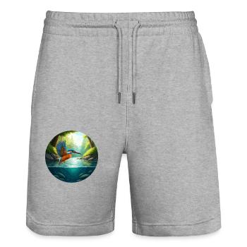 Kingfisher flies above stream - Stanley/Stella Trainer Unisex Organic Jogging Shorts - heather grey - Front - Nik (191cm) & Marisol (170cm)