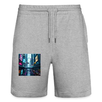 Paysage urbain futuriste au néon : une vision vibrante - Short de jogging bio TRAINER Stanley/Stella unisexe - gris chiné - Devant - Nik (191cm) & Marisol (170cm)