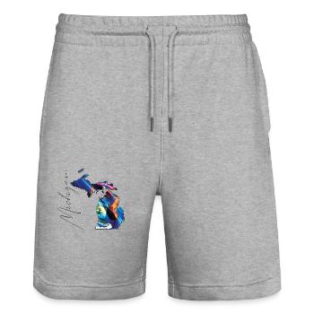 Michigan (USA) | echte Flagge | Flag Map Script - Stanley/Stella Unisex Bio Joggingshorts Trainer  - Grau meliert - Vorne - Nik (191cm) & Marisol (170cm)