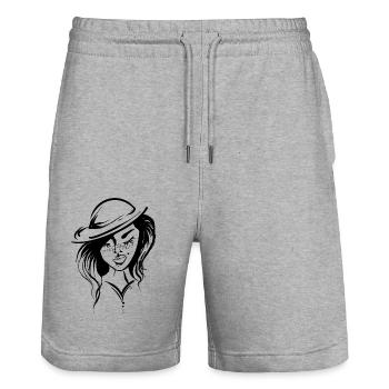 A woman in thought, wearing a hat. - Stanley/Stella Trainer Unisex Organic Jogging Shorts - heather grey - Front - Nik (191cm) & Marisol (170cm)
