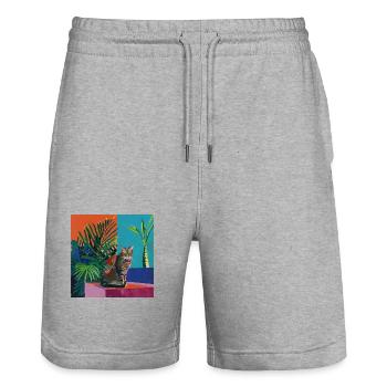 Cat, cat motif, pop art, gift, gift idea - Stanley/Stella Trainer Unisex Organic Jogging Shorts - heather grey - Front - Nik (191cm) & Marisol (170cm)