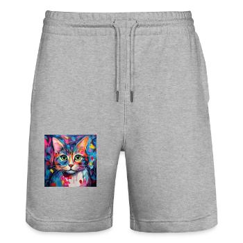 Chat, motif chat, pop art, cadeau, idée cadeau - Short de jogging bio TRAINER Stanley/Stella unisexe - gris chiné - Devant - Nik (191cm) & Marisol (170cm)