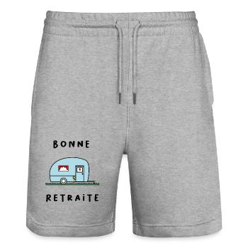 RUHESTAND. RUHESTAND. PENSIONIERT. GLÜCKLICHER RUHESTAND - Stanley/Stella Unisex Bio Joggingshorts Trainer  - Grau meliert - Vorne - Nik (191cm) & Marisol (170cm)