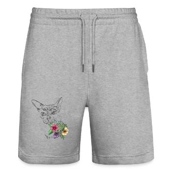 Katze mit Blumen - Stanley/Stella Unisex Bio Joggingshorts Trainer  - Grau meliert - Vorne - Nik (191cm) & Marisol (170cm)