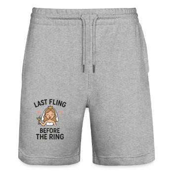 Last Fling before the Ring – Lustiges JGA Braut T- - Stanley/Stella Unisex Bio Joggingshorts Trainer  - Grau meliert - Vorne - Nik (191cm) & Marisol (170cm)