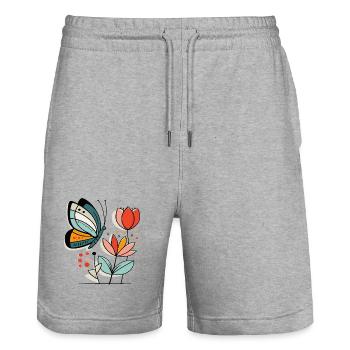 Schmetterling fliegt zu Blüten - Stanley/Stella Unisex Bio Joggingshorts Trainer  - Grau meliert - Vorne - Nik (191cm) & Marisol (170cm)