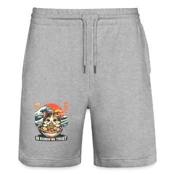 Ramen Katze In Ramen We Trust - Stanley/Stella Unisex Bio Joggingshorts Trainer  - Grau meliert - Vorne - Nik (191cm) & Marisol (170cm)
