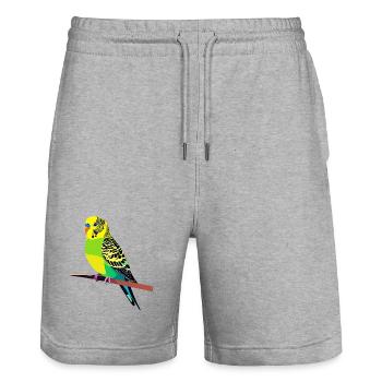 Motif coloré de perruche ondulée sur branche, jaune, vert, bleu - Short de jogging bio TRAINER Stanley/Stella unisexe - gris chiné - Devant - Nik (191cm) & Marisol (170cm)
